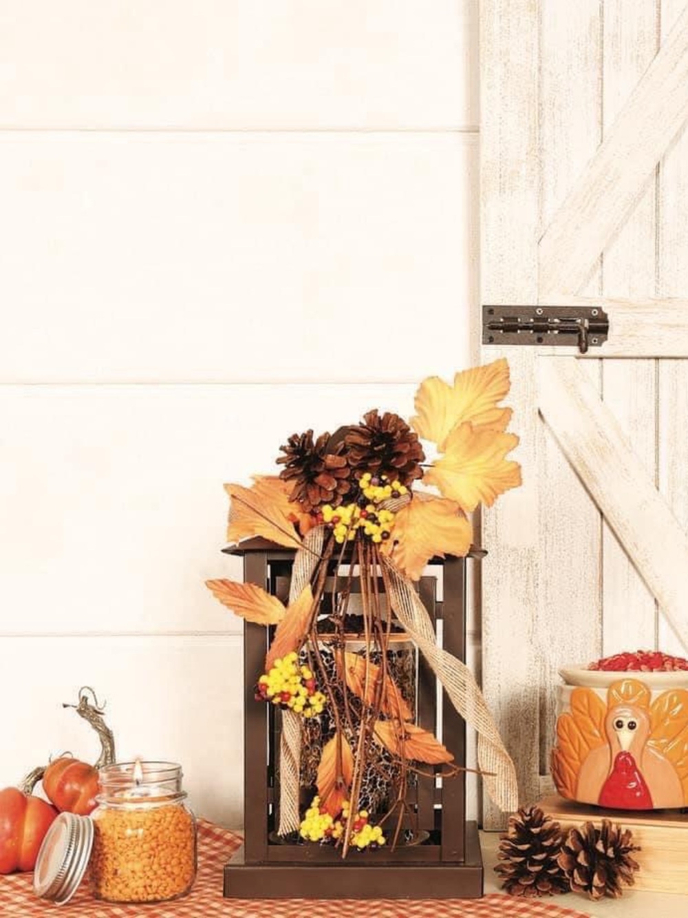 Autumn Harvest Decorative Lantern with Fall Floral Accent - Brown